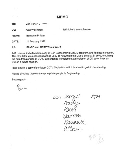 The first page of the SimCD and CDTV tools, from Benjamin Phister to Jeff Porter (and some engineers of Commodore on CC)