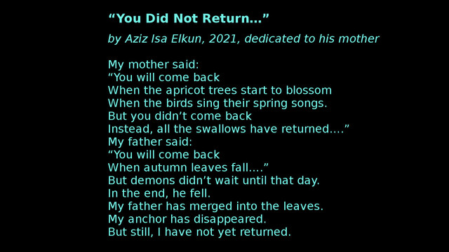 “You Did Not Return…”
by Aziz Isa Elkun, 2021, dedicated to his mother

My mother said:
“You will come back
When the apricot trees start to blossom
When the birds sing their spring songs.
But you didn’t come back
Instead, all the swallows have returned….”
My father said:
“You will come back
When autumn leaves fall….”
But demons didn’t wait until that day.
In the end, he fell.
My father has merged into the leaves.
My anchor has disappeared.
But still, I have not yet returned.