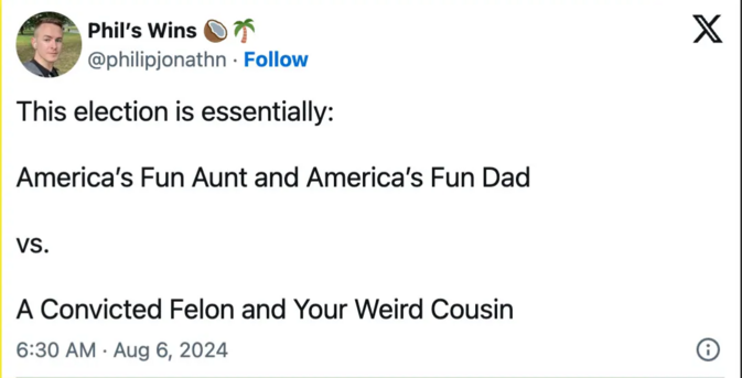 A tweet that says

This election is essentially:

America's Fun Aunt and America's Fun Dad 

vs 

A Convicted Felon and Your Weird Cousin.