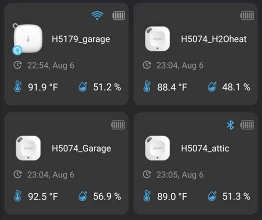 app screenshot of Bluetooth temperature sensors ... two at 92° in the garage; two at 89° in the attic.