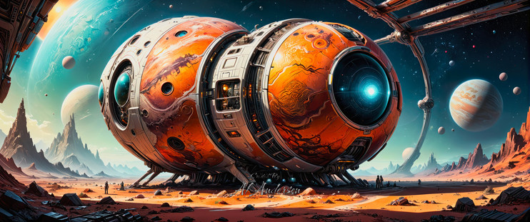 A futuristic research ship with a spherical design has landed on a vibrant alien planet. The scene shows astronauts in high-tech suits exploring the rocky, red-orange terrain. The background features multiple planets, moons, and cosmic phenomena, creating a sense of wonder and adventure.