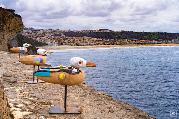 Color photo of three carved and painted wooden seagull sculptures lined up on a low stone wall with water below and a beach and town in the background. 