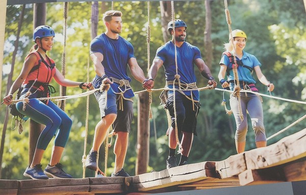 4 young adults on a high ropes course. 3 are wearing helmets. It's a sunny day.