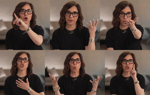 Six stills of Linda Yaccarino gesturing