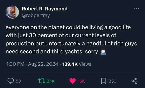 Robert R. Raymond @robpertray • 0• everyone on the planet could be living a good life with just 30 percent of our current levels of production but unfortunately a handful of rich guys need second and third yachts. sorry 4:30 PM • Aug 22, 2024 • 139.4K Views 50 3.1K 15K 339