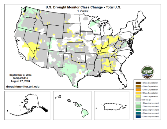 US Drought Monitor class change map comparing conditions from September 3 to August 27, 2024. 