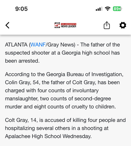 Announcement that the father of the boy who shot 13 people at his school in Georgia yesterday has been arrested. 