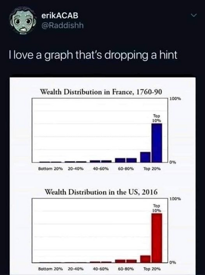 erikACAB
@Raddishh

I love a graph that's dropping a hint

[Wealth Distribution in France, 1760-90 bar graph and Wealth Distribution in the US, 2016 bar graph, looking almost identical but the US, 2016 graph is worse]