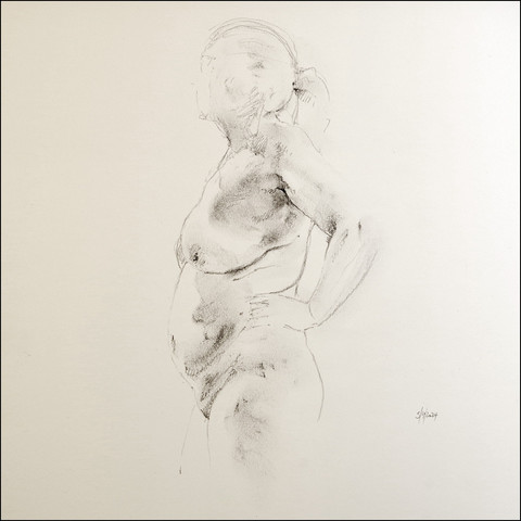 A loose, pencil and graphite dust drawing of a standing female nude - viewed from left side, and from head to mid-thigh