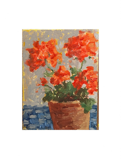 Oil painting in an impressionist style of red geraniums in a terracotta pot 