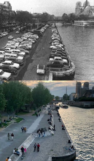 The image is a Split View of Paris, with the top half showing a black-and-white historical photo of a busy riverside parking area filled with cars, and the bottom half displaying a modern color image of the same location transformed into a pedestrian walkway, featuring people enjoying themselves. 