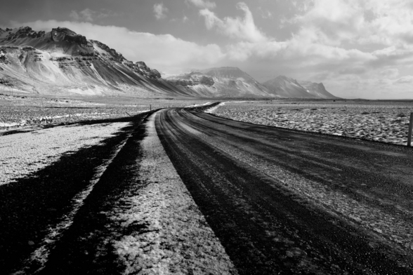 Snowy mountains and road