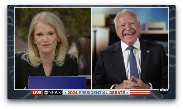 A screen grab of ABC News post-debate broadcast, a side-by-side image of reporter Martha Raddatz and Vice-Presidential candidate Tim Walz.  Walz's face displays a beaming smile