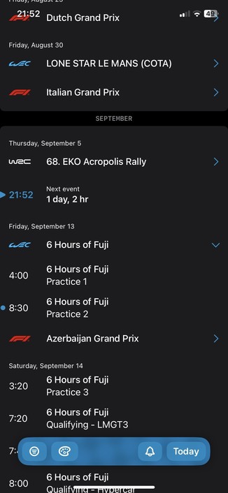 Screenshot of the app showing Formula 1, WRC and WEC series events on a single timeline.