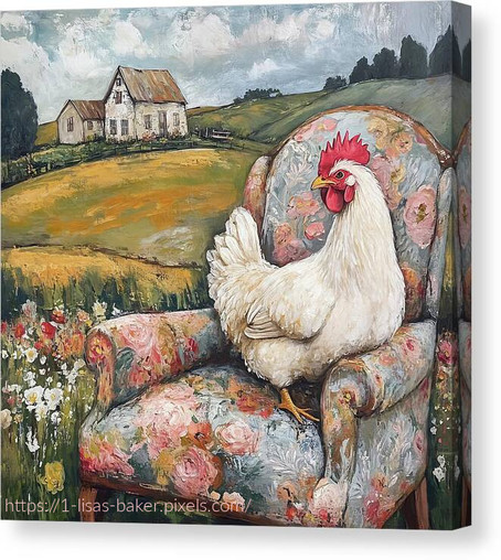 A canvas print of a chicken sitting in a floral chair in the field of a country farm. In the background is rolling hills, a rustic farm house and fluffy white clouds in the sky. Art by Lisa S Baker. 