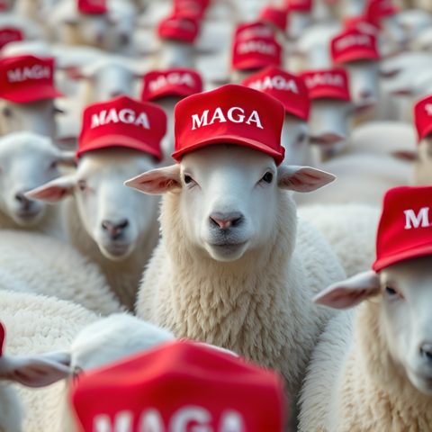 White sheep wearing MAGA hats.