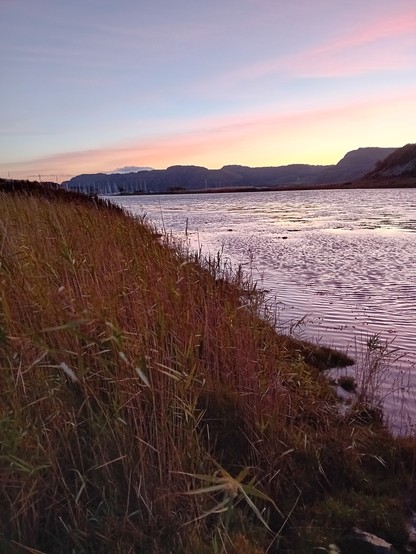 A dark bank to the left, then water ripples in the wind at first light. Clear sky with a streak of orange above the outline of hills.