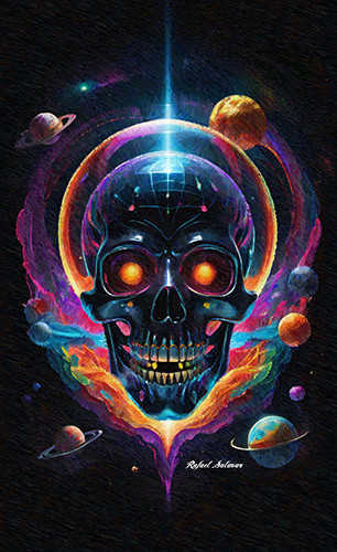 Artwork of a glowing cosmic skull on a black background, surrounded by planets and a colorful circle of orange, blue, purple, yellow, and green, perfect for Halloween and supporting survivors.