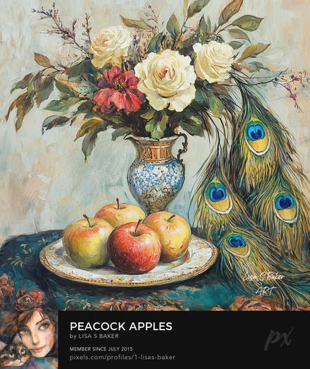 An art print painting of 4 apples placed on an orante plate, behind the plated apples is a vase of white and red roses with peacock feathers sticking out of the vase. Art by Lisa S Baker. 