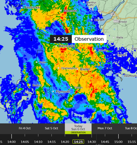 Met Office radar image showing heavy rain over Devon, Cornwall, Somerset, & SouthWales. 2024-10-06T13:25:00UTC