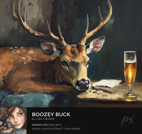 An art print of a buck with large antlers resting its head on a surface next to a glass beer.  Art by Lisa S Baker