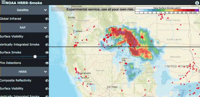 Screen shot from NOAA HRRR product showing fire and smoke detections in the PNW for Oct 6, 2024