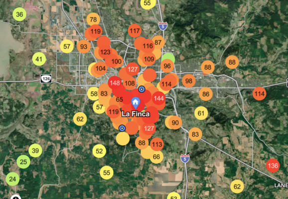 Air quality detection on Watchduty for Eugene/Springfield, Oregon.(PurpleAir layer) Many sensors near me are showing more than 140 AQI, which might be our record for this year.