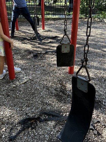 A swing set with 50% broken swings. 