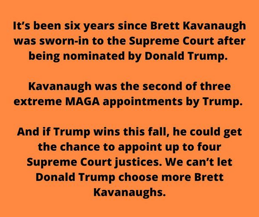 It's been six years since Brett Kavanaugh was sworn-in to the Supreme Court after being nominated by Donald Trump.

Kavanaugh was the second of three extreme MAGA appointees by Trump.

And if Trump wins this fall, he could get the chance to appoint up to four Supreme Court justices. We can't let Donald Trump choose more Brett Kavanaughs.