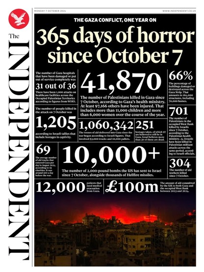 Headline in The Independent: 365 days of horror since October 7

Then statistics of the deaths n suffering since.