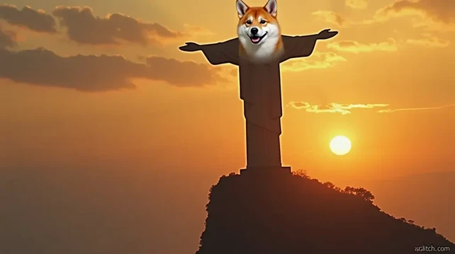 Christ the Redeemer but the head is replaced with a shiba inu dog. Golden hour sky background.