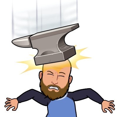 My Bitmoji avatar getting hit with an anvil.