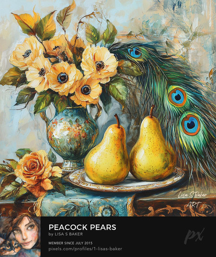 An art print of vibrant still life featuring a bouquet of yellow flowers in an ornate vase next to two ripe pears and a striking peacock feather. Art by Lisa S Baker. 