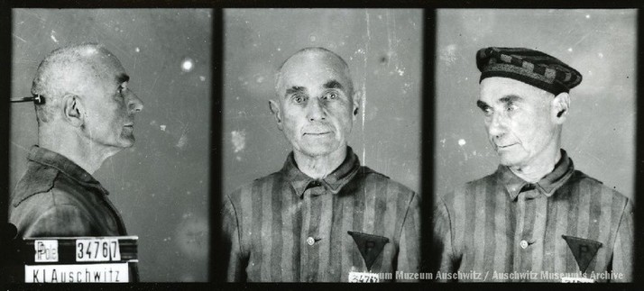 A mugshot registration photograph from Auschwitz. A man with a shaved head wearing a striped uniform photographed in three positions (profile and front with bare head and a photo with a slightly turned head with a hat on). The prisoner number is visible on a marking board on the left.