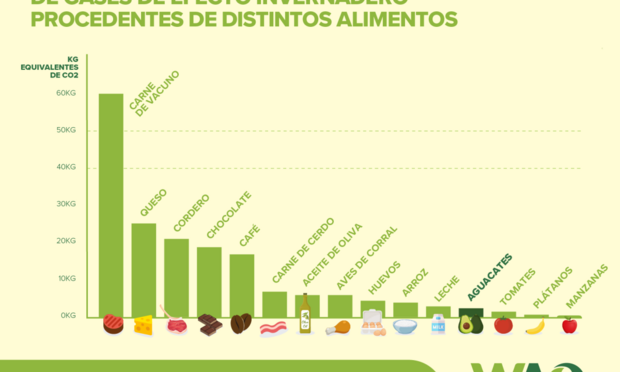 Emisiones medias mundiales de gases de efecto invernadero procedentes de distintos alimentos (WAO)