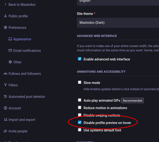 Settings, preferences, appearance: disable profile preview on hover