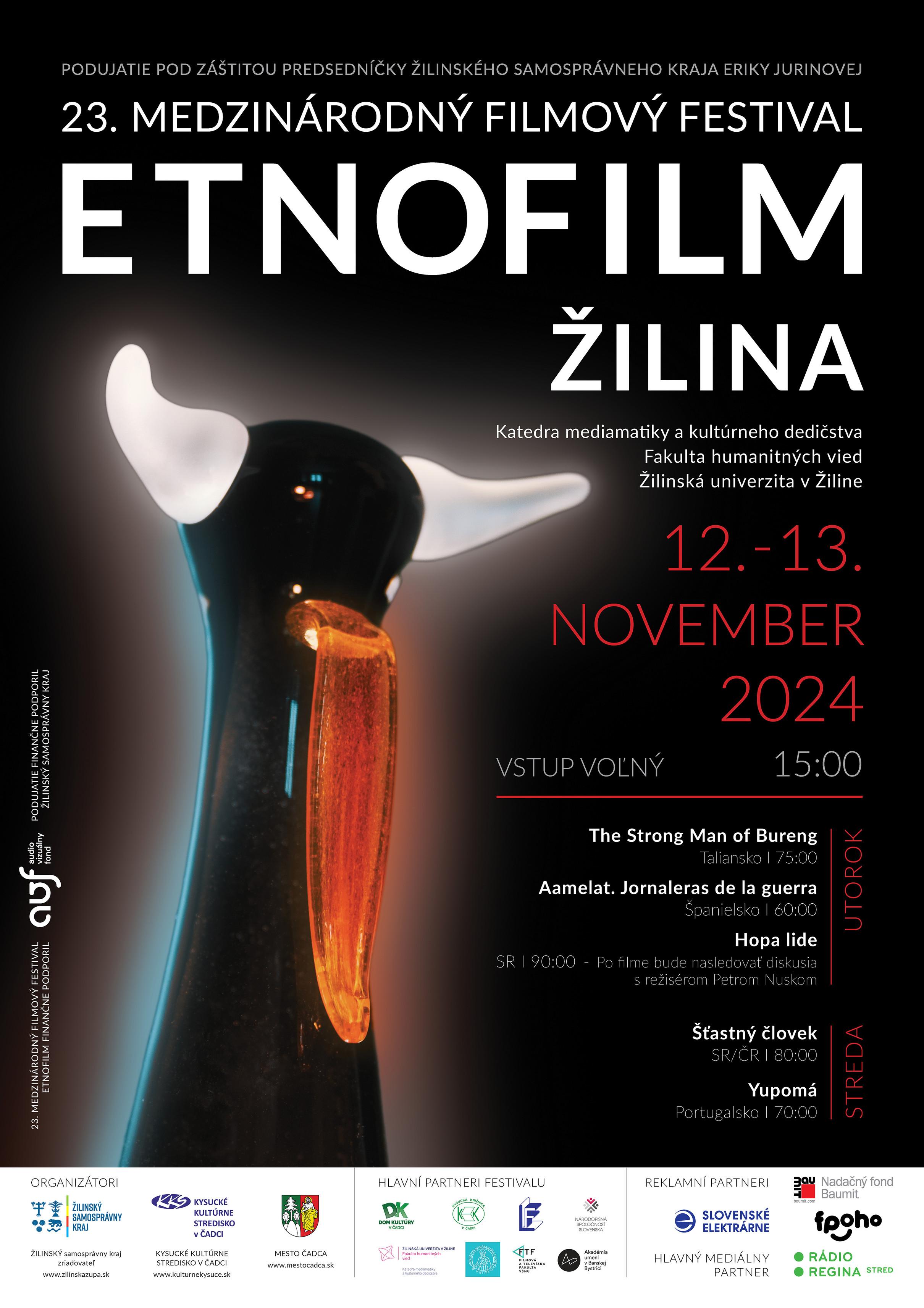 Poster for the 23rd edition of the International Film Festival Etnofilm Čadca, featuring a totem-like figure and detailed description of the screening schedule.