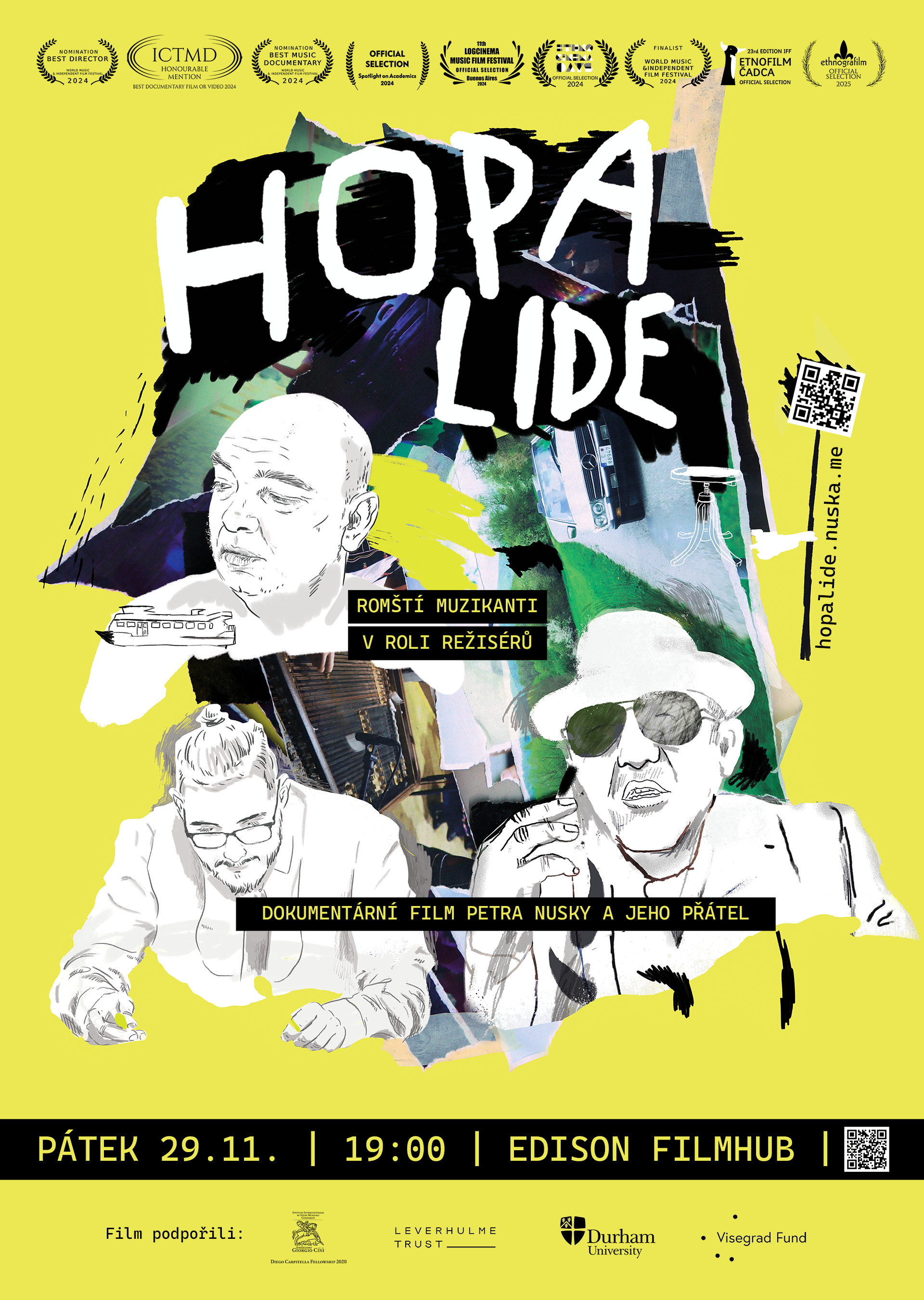 Poster for the ethnographic film "Hopa lide". There are 3 drawings of Romani musicians on a yellow background.