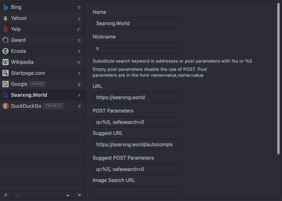 The Vivaldi settings pane, search settings.
The URL is searxng.world, and the post parameters are q=%S, safesearch=0