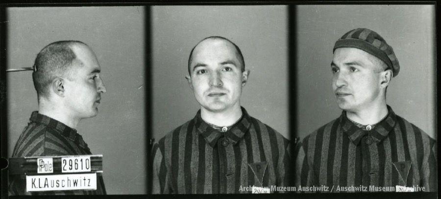 A mugshot registration photograph from Auschwitz. A man with a shaved head wearing a striped uniform photographed in three positions (profile and front with bare head and a photo with a slightly turned head with a hat on). The prisoner number is visible on a marking board on the left.