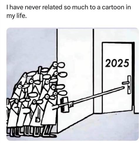 Cartoon of people hiding nervously behind a wall as they push open the door markd 2025.