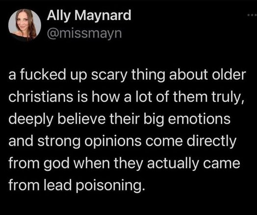 Ally Maynard
@missmayn

a fucked up scary thing about older
christians is how a lot of them truly,
deeply believe their big emotions
and strong opinions come directly
from god when they actually came
from lead poisoning.