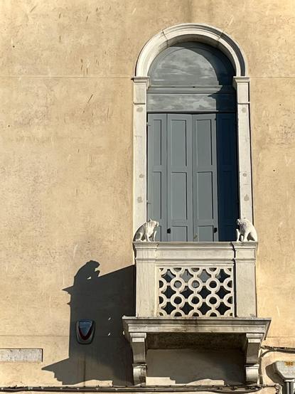 A narrow arched window set in a beige wall. It has a white marble surround, closed grey wooden shutters, and a tiny marble balcony in front of it, with a mesh-like pattern. On top of the balustrade are perched two small stone figures, one at each end. They are somewhat weatherworn and thus of indeterminate species, but one is probably meant to be a boar, and I'm guessing the other a lion. They are looking inwards towards each other, and they are both resting a front paw on the top of what looks like a shield. There is bright sun flooding the picture, which has made a clear sharp black shadow of the balcony and the probably-boar creature fall to the left of the window on the wall. 