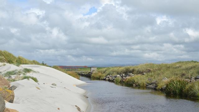 A photo of sandy dunes on one side of a canal and grassy fields on the other. The sky is filled with white clouds.