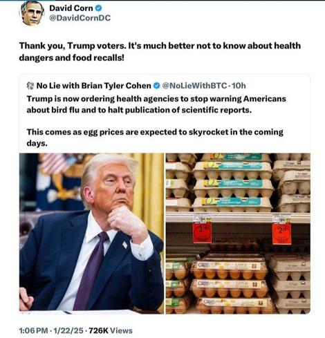 Post by David Corn shows Trump on the left and increased eggs prices on a grocery shelf on the right:
"Thank you, Trump voters. It's much better not to know about health dangers and food recalls!
"Trump is now ordering health agencies to stop warning Americans about bird flu and to halt publication of scientific reports. This comes as egg prices are expected to skyrocket in the coming days."