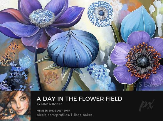 An art print of beautiful flowers in muted blues and purples. Art by Lisa S Baker. 