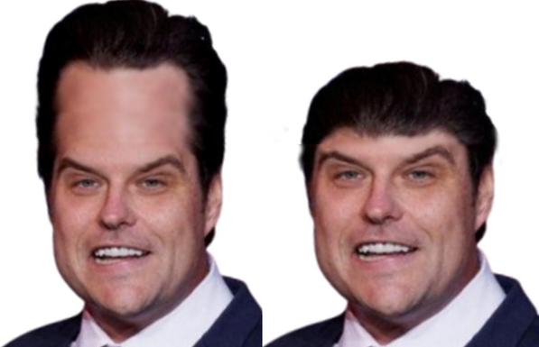 Twin images of Matt Gaetz, one with a comically exaggerated forehead and the other with a comically diminished forehead