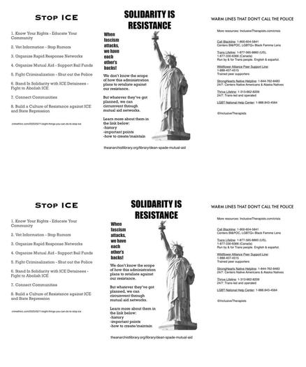 The image features a poster advocating for anti-ICE (Immigration and Customs Enforcement) actions. It includes a list of eight steps for supporting the community, such as knowing rights, organizing response networks, and building mutual aid.

The second image talks about mutual aid and the third image provides phone numbers to reach out for help. 