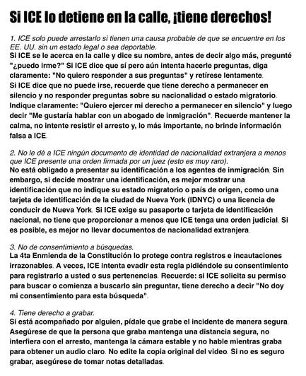 The image is a guidance document in Spanish outlining the rights of individuals if detained by ICE (Immigration and Customs Enforcement) in the United States. It includes specific steps, such as the right to remain silent, the right to an attorney, and protections. 