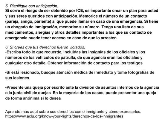 Image features text outlining important steps for individuals at risk of ICE detention. It emphasizes the need to plan ahead, memorize emergency contact details, and document violations of rights, including seeking medical attention and filing complaints. The content is intended to inform immigrants about their